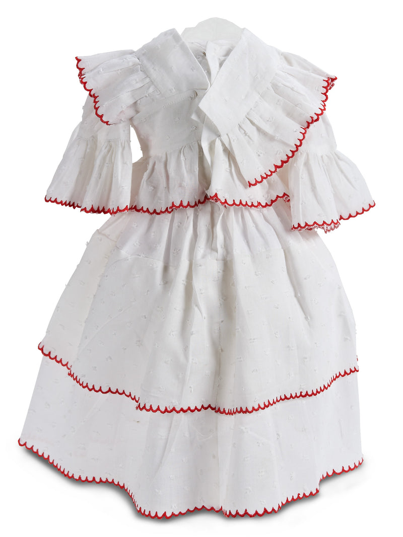 White Cotton Lady Doll Gown with Red Scalloped Trim
