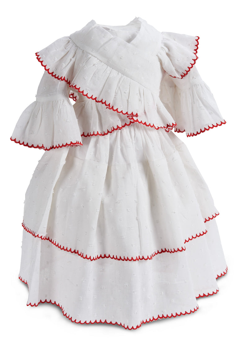 White Cotton Lady Doll Gown with Red Scalloped Trim