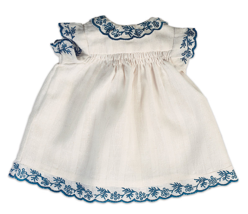 White Homespun Pinafore With Blue Embroidery