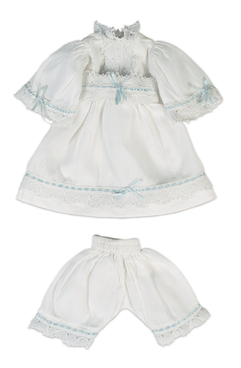 White Cotton Dress with Blue Silk Ribbons