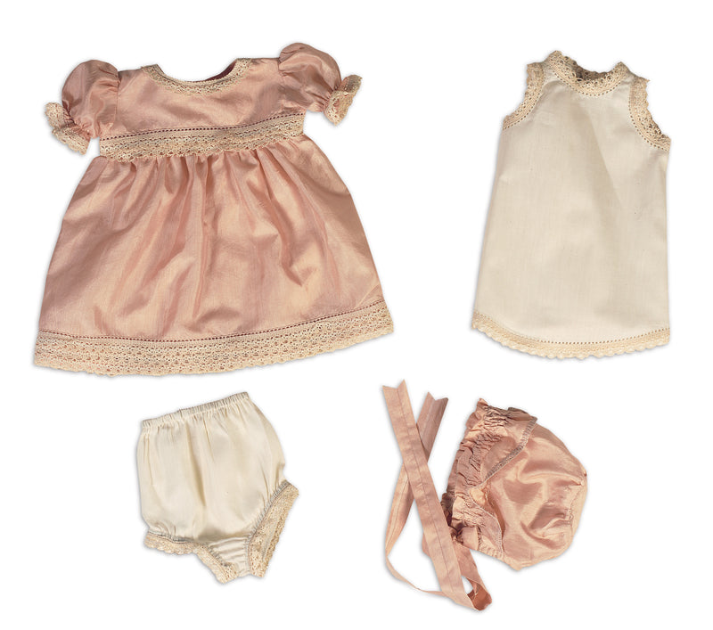 Peach Silk Dress, Bonnet & Underwear