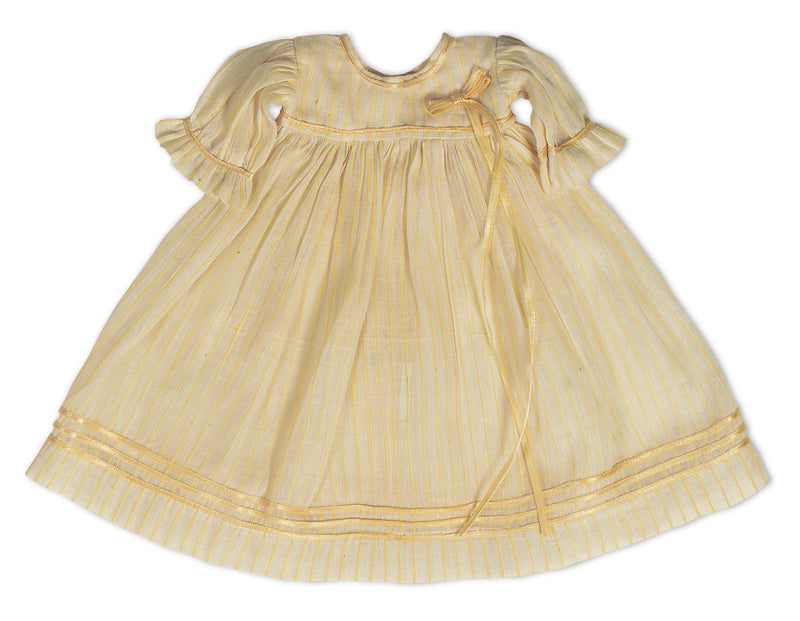 Pale Yellow Sheer Cotton Ribbon-Woven Dress with Bonnet