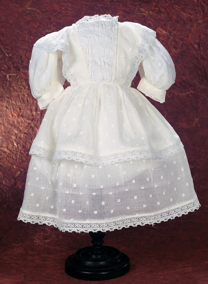 White Dotted Swiss Cotton Dress With Shirred Bodice