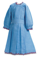 Blue Cotton Chambray Summer Dress With Red Trim