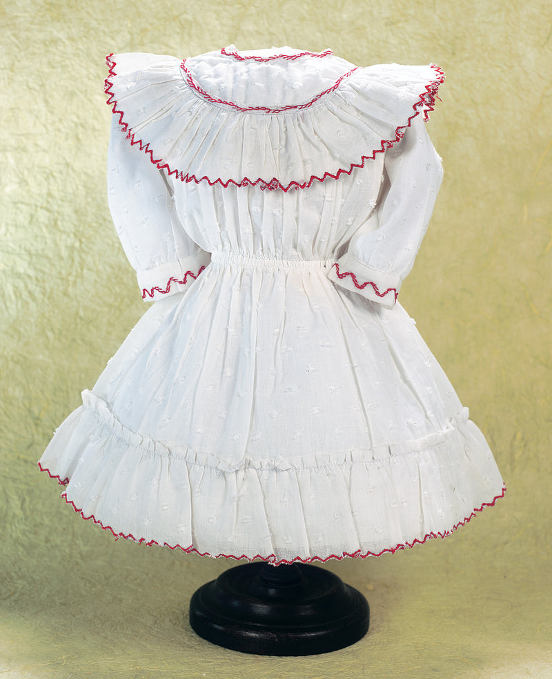 White Dotted Swiss Cotton Dress with Red Scalloped Edging