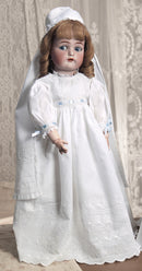 White Embroidered Dress/Cap Blue Ribbon