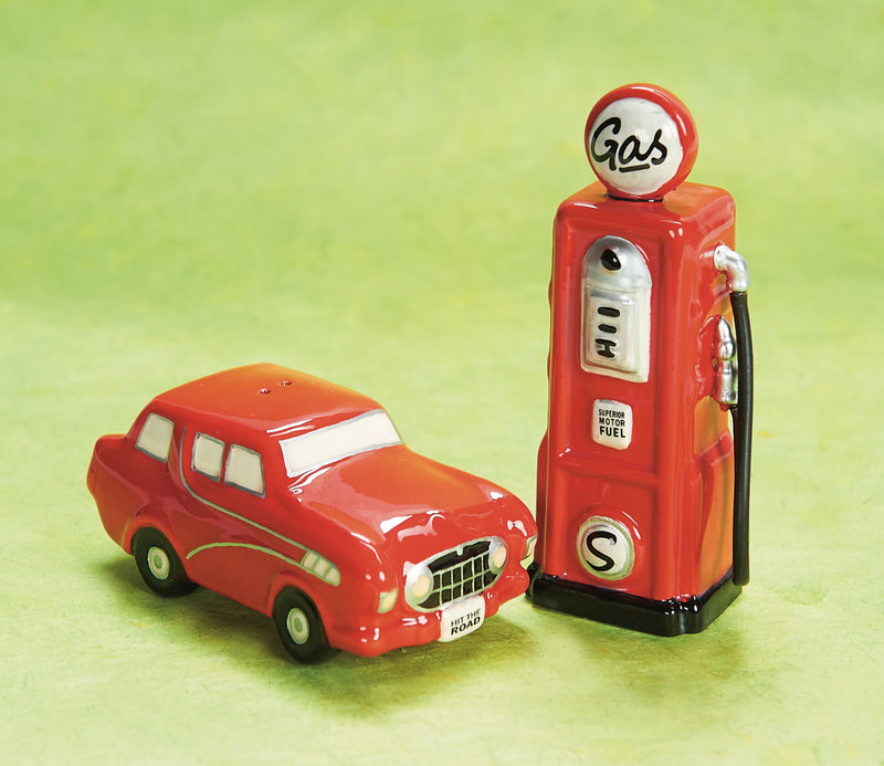 Road Trip, Red Car and Gas Pump Salt and Pepper Shakers