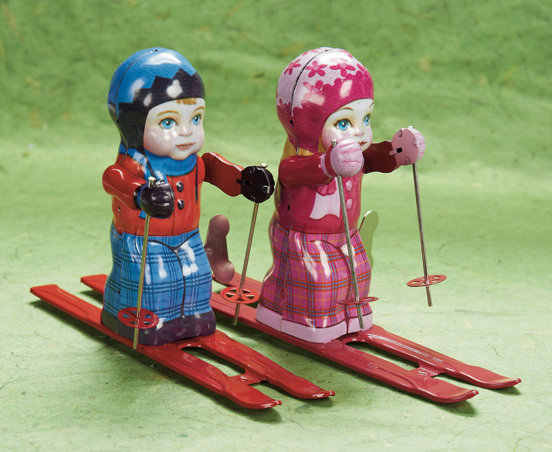 Downhill Racers in Pink And Blue, Vintage Tin Toy