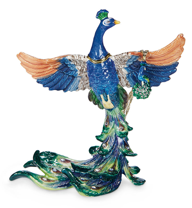 Peacock Taking Flight Trinket Box and Necklace