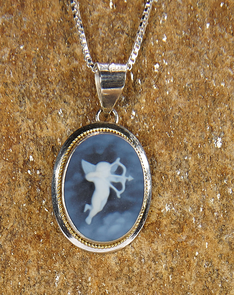 Cupid with Arrow Blue Agate Cameo Necklace