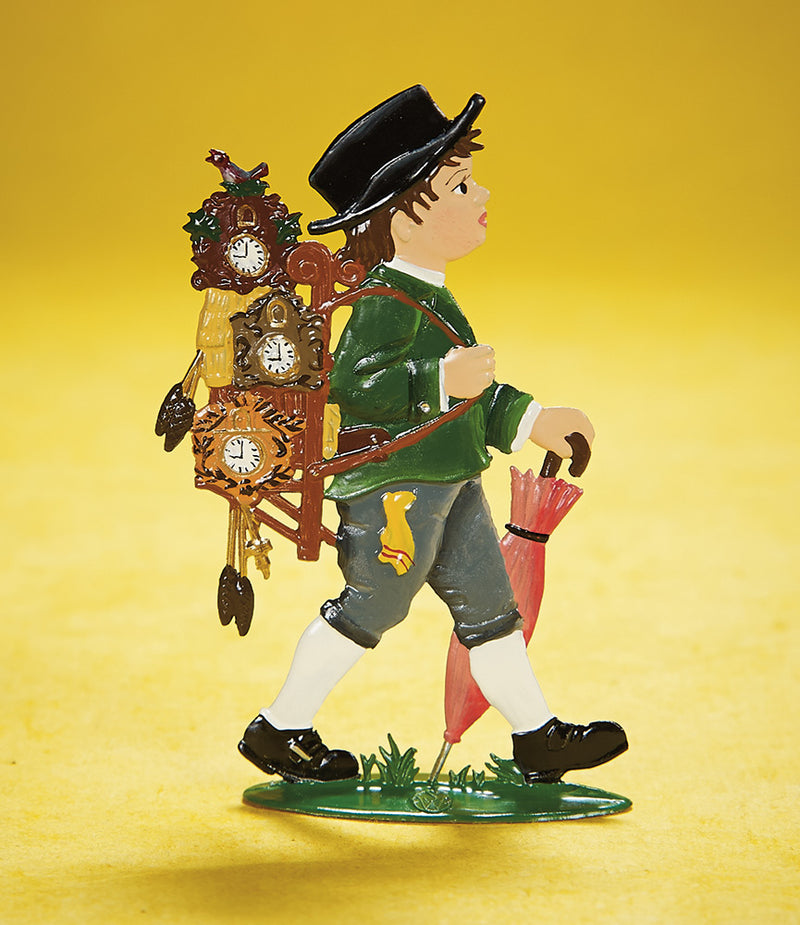 Little Clock Salesman in Bavarian Pewter