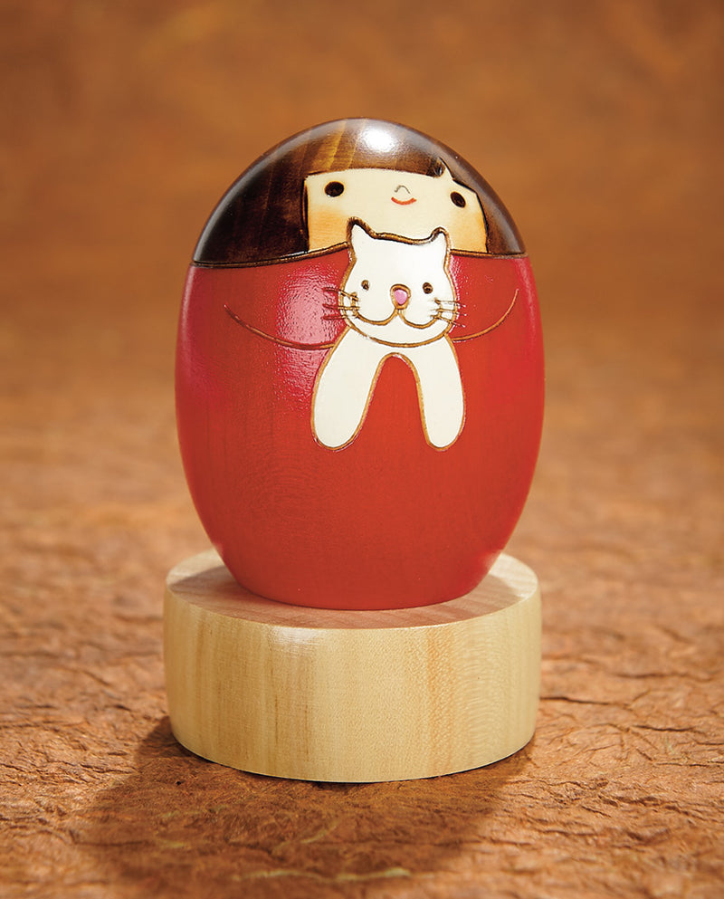 Kitty With A Girl Wooden Kokeshi Doll